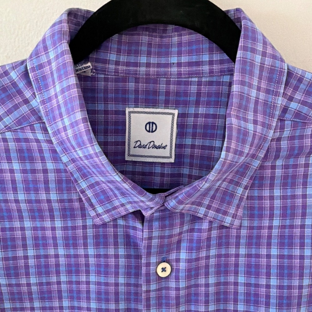 David Donahue Men XXL Purple Blue Plaid Long Sleeve Cotton Button Down Shirt
